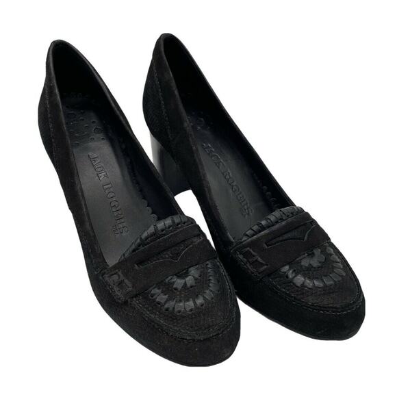 Jack Rogers USA Black Suede Penny Loafer Stacked Block Heels 6M EUC Closed Toe - Picture 1 of 9